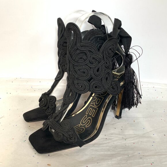 Express x Brian Atwood Black Macrame Lace up Ankle Stiletto Sandals Tassel Tie - Picture 8 of 16